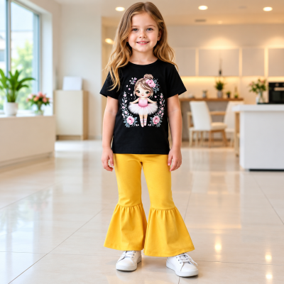 Cute Ballet Dancer with Floral Art and Yellow Ruffle Bell-Bottom Two-Piece Set (T-Shirt & Mustard Yellow Ruffle Bell-Bottom Pants Set)